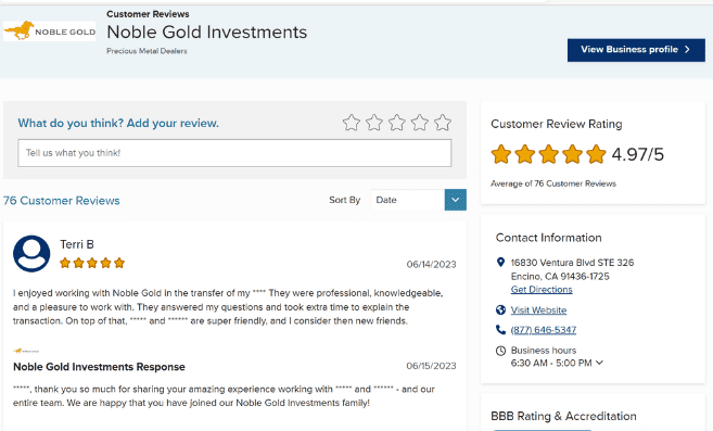 noble gold investment reviews on BBB